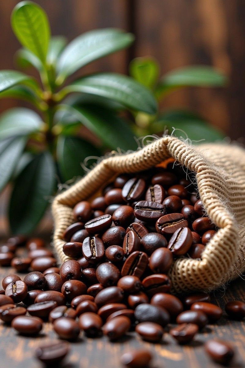 Roasted coffee beans spilling from a sack