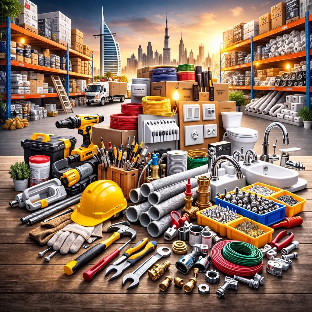 Tiles, pipes, taps, toilet fittings, screws and hand tools