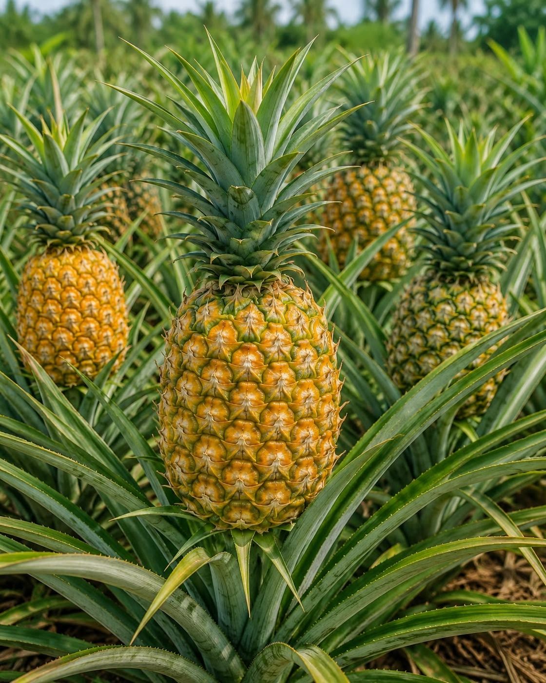 Ripe pineapples in a field