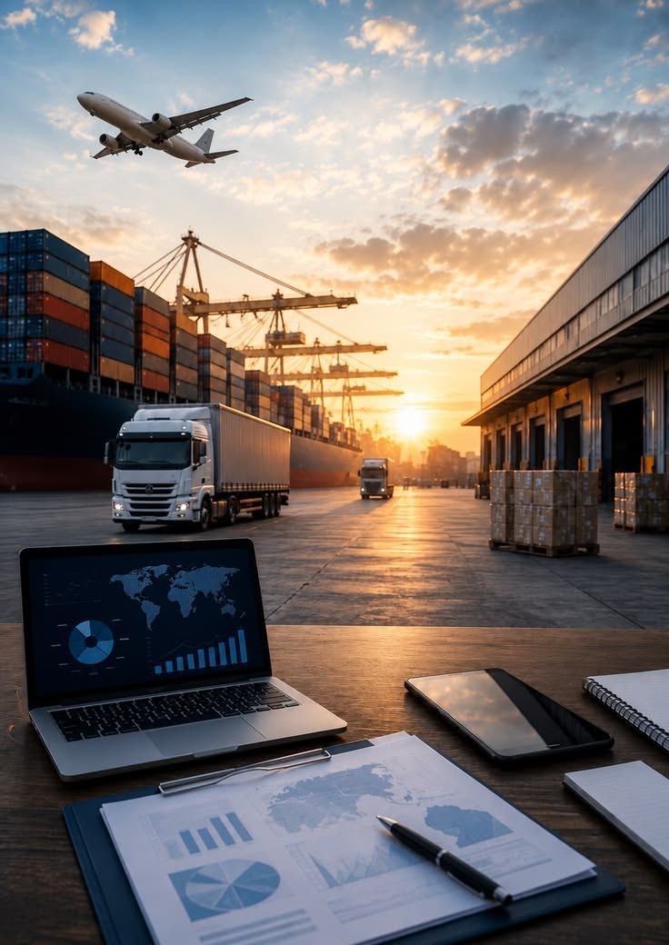 A desk with a laptop and shipping documents overlooking a container port