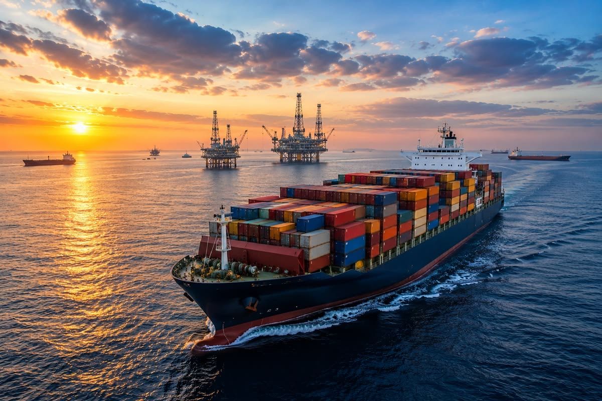 A loaded container ship at sea at sunset