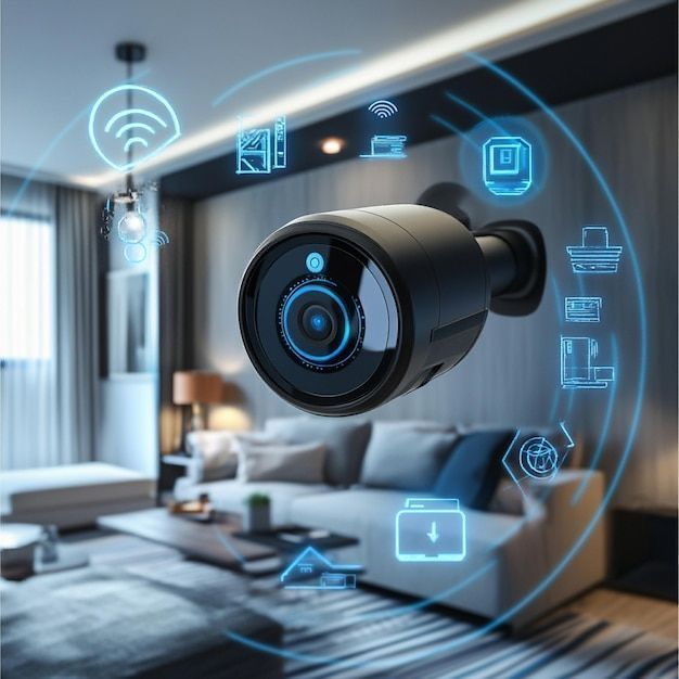 A wireless security camera in a living room